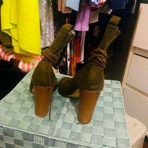 Olive green, faux suede,  open toe, lace up bootie